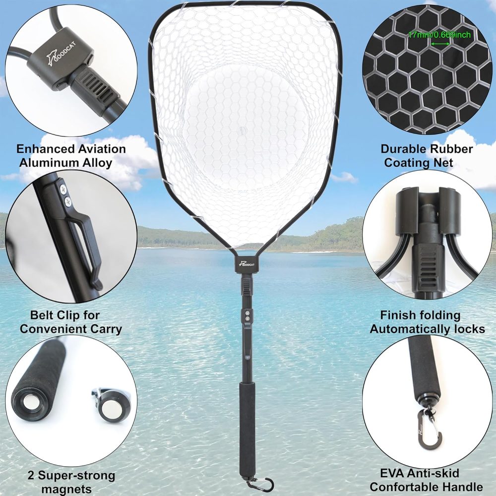 GOODCAT Fly Fishing Net, Bass Trout Landing Net, Folding Fishing Nets Fresh Water, Safe Fish Catching or Releasing, Fly Fishing net Magnetic Release - Image 3